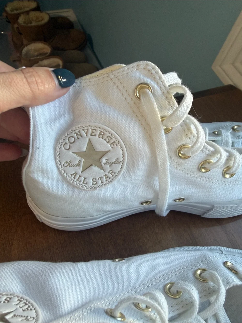 Converse White High-Top Canvas Sneakers with Gold Eyelets